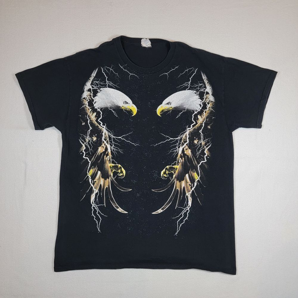 Y2K Eagle Graphic T-Shirt Sz L Large Black Nature‎ Lightning